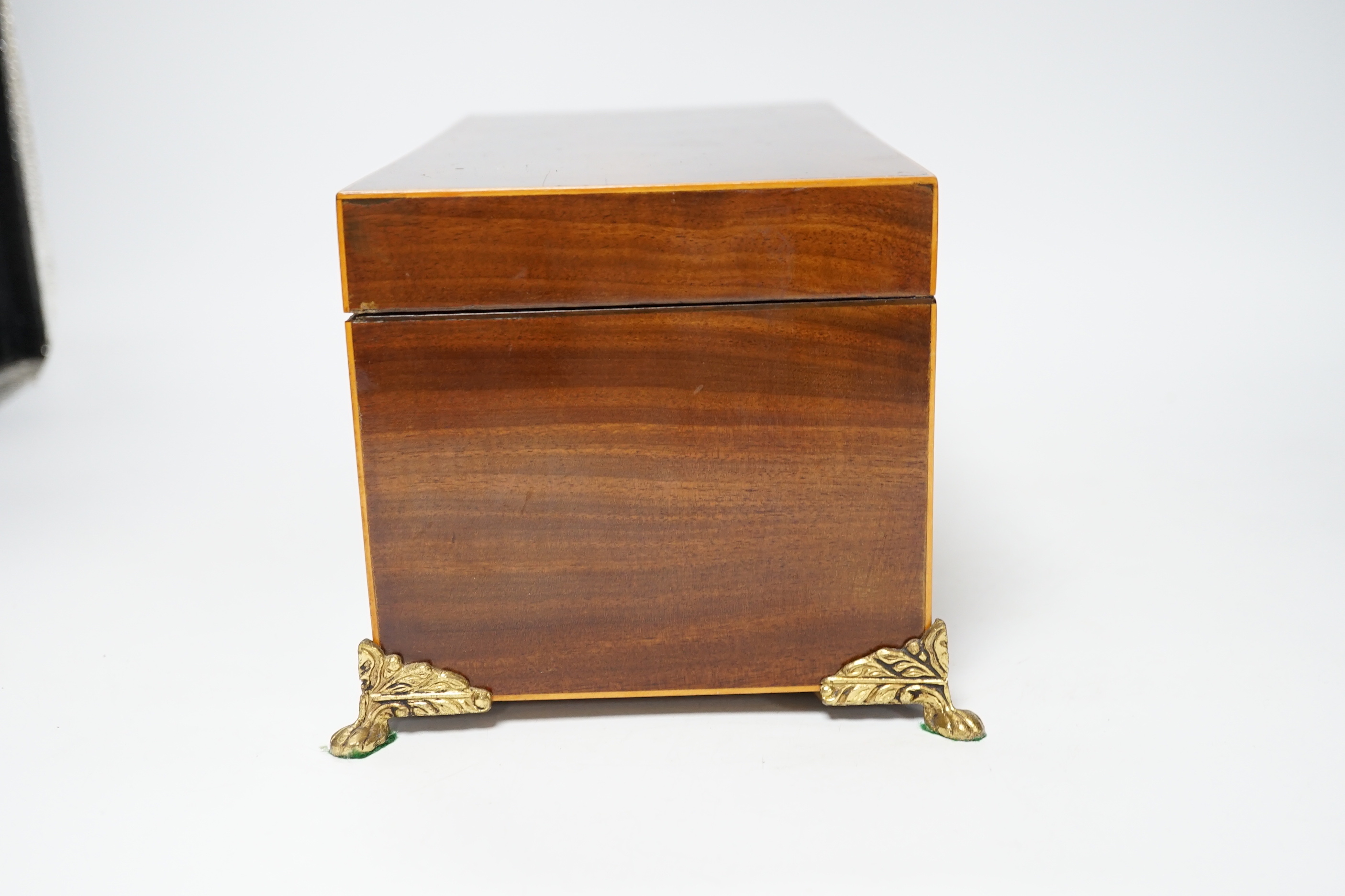 An early 19th century boxwood strung mahogany tea caddy, ivory inlay, 28cm wide CITES Submission reference 5DS6M1FP